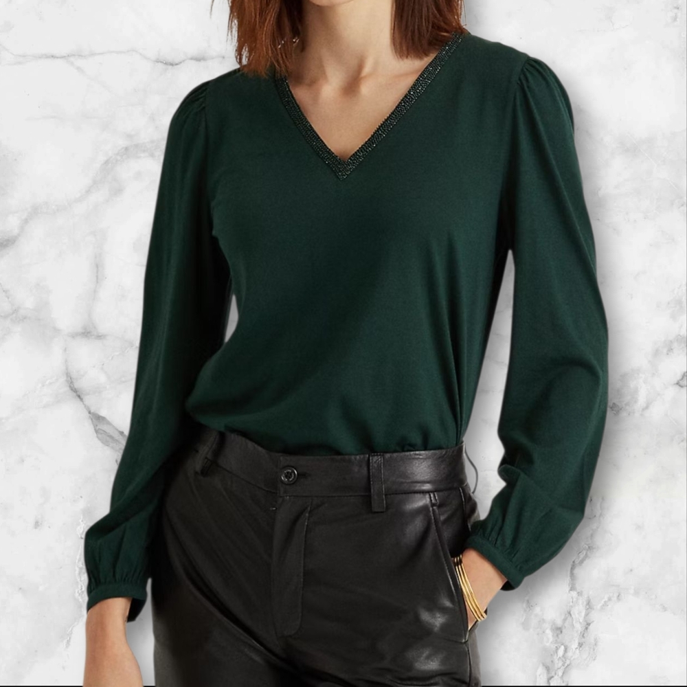 Lauren Ralph Lauren Black Label Women’s XL Beaded V-Neck Blouse Deep Pine Green